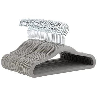 Image of Amazon Basics Kids Velvet, Non Slip Clothes Hangers for Infant and Toddler, 11.6 Inches, Pack of 50, Grey