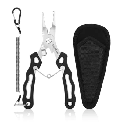 Image of supregear Fishing Pliers, Stainless Steel Pliers Multipurpose Split Ring Wire Cutting Tool, Tackle Kit with Safety Oiled Lanyard and Nylon Sheath, Black
