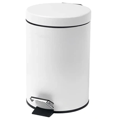 Image of Beldray LA038098WHT Bathroom Pedal Bin Small Round Stainless Steel Sanitary Waste For Bedroom, Office, Kitchen, Toilet, Soft Close Rubbish Bin, Removable 3L Inner Bucket, Carry Handle, White