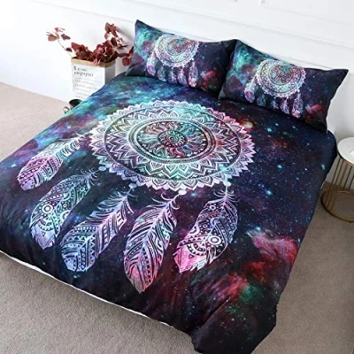 Image of BlessLiving Galaxy Dream Catcher Bedding Quilt Cover 3 Piece Purple Pink Outer Space Sets Duvet Boho Mandala Hippie Bedspread for Boys Men and Women (Double)
