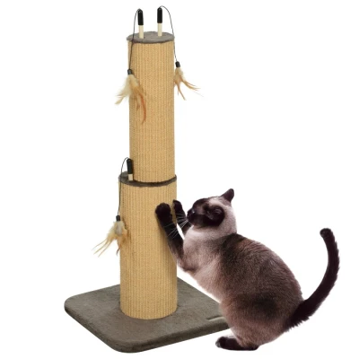 Image of PawHut 2 in 1 Cat Scratching Post, 78cm Tall Scratch Post with 3 Toy Feathers, Scratcher for Indoor Cats and Kittens, Brown