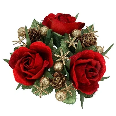 Image of Gisela Graham Christmas Candle Ring Red Rose for 1&quot; Dinner Set of 2