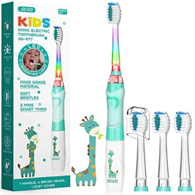 Image of Seago SG977 Kids Electric Toothbrushes Age 3+ Years Toddler Childrens Battery Toothbrush with Timer Colorful Flashing Light 4 Dupont Brush Heads for Childs Boys Girls Waterproof Deep Clean (Green)