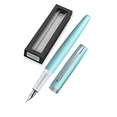 Image of Online Eleganza Fountain Pen I Satin Turquoise Nib Size M Metal Clip Includes Ink Cartridge for Standard Cartridges Or Converter In Gift Box