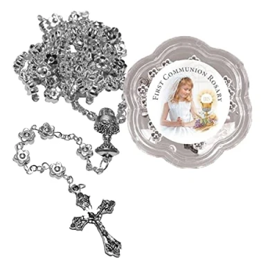Image of Widdle Gifts Ltd First Holy Communion Silver Flower Rosary Beads in Plastic Pot 1202