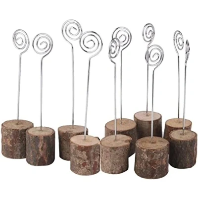 Image of BSTMOME 10 PCS Wooden Memo Clips Holder, Rustic Real Wood Base Wedding Table Name Number Holder Party Decoration Card Holders Picture Note Photo Clip (Round Base)