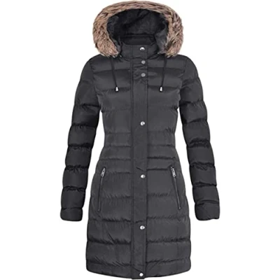 Image of Spindle Womens Long Fur Trimmed Hooded Padded Puffer Parka Ladies Winter Jacket Coat (Black, 10)
