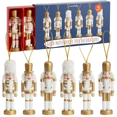 Image of THE TWIDDLERS 6 Gold Wooden Christmas Nutcracker Soldier Ornaments, 10cm / 4&quot; Tree Hanging Decorations in Festive Traditional Xmas Designs