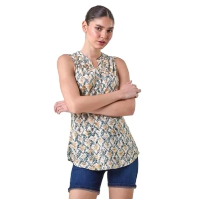 Image of Roman Originals Sleeveless Shirt for Women UK Ladies Summer Top Smart Blouse Stretchy Jersey T Casual Spring Holiday Party Beach Vacation Everyday Notch Neck Lightweight Green Multi Size 12
