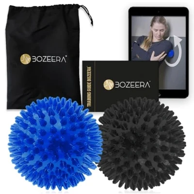 Image of [Spikey Massage Ball Set] 2 x Spiky Balls 9 CM Spikey Hard and Medium, Includes Free Video Instructions, Booklet &amp; Bag Premium Set