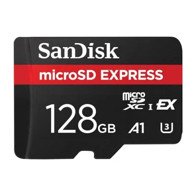 Image of SanDisk micro SD Express, 128GB card, read speeds Up to 880 MB/s, Write 480MB/s, Sustained 100MB/s, 4.4 times faster than our fastest microSD Class 10, U3