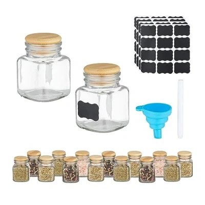 Image of Relaxdays Spice Jars, Set of 16, Square, Glass, 100 ml, Bamboo Lid, Kitchen, Labels, Pen &amp; Funnel, Transparent/Natural, 7.5 x 5.5 cm