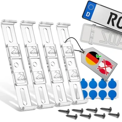 Image of ROADZ Frameless License Plate Holder for Advertising Free Look with Adhesive Lock Improved Hold Set 2 Number Invisible Car