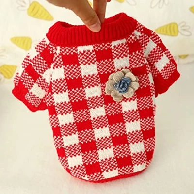 Image of Dog Cat Sweater Teddy Red Pet Jumper LOVE Clothes for Small Cats Dogs XS S M L XL,Red Plaid,M