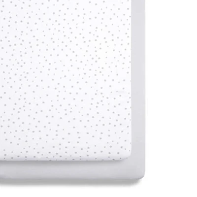 Image of 2 Pack Crib Fitted Sheets 44 x 80cm Grey Spot Design Light, Breathable &amp; Luxurious Jersey Cotton Made To Last Designed Fit SnüzPod Bedside Cribs