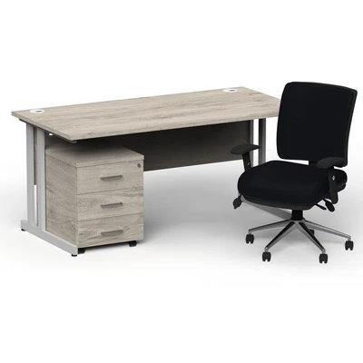 Image of Impulse 1800 Silver Cant Desk Grey Oak + 3 Dr Mobile Ped &amp; Chiro Black