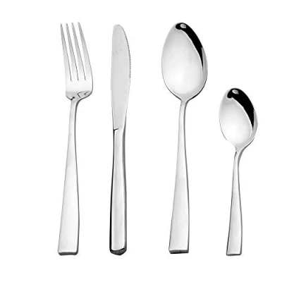 Image of Cutlery Set 32 Pieces for 8 People Otto Koning Leipzig Stainless Steel Flatware Set, Mirror Polished. Silverware with Spoon Knife and Fork. Modern &amp; Simple Design