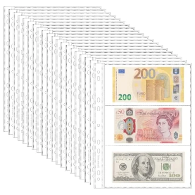 Image of 20 Sheets Currency Pages for Paper Money Collection 3 Pockets Sleeves/Currency Holder Collecting Album Bill Banknote Coupon IN02020