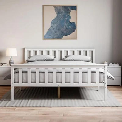Image of Vida Designs Milan King Size Bed, Bed Frame, Solid Pine Wood, Headboard, High Foot End Bedroom Furniture, White, 5ft…