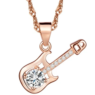 Image of Yumilok Jewelry 925 Sterling Silver Rose Gold Plated Cubic Zirconia Guitar Pendant Necklace for Women/Girls Music Lovers