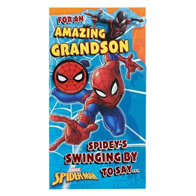 Image of UK Greetings Marvel Spider Man Birthday Card for Grandson With Envelope and Badge,Multi,121 mm x 229