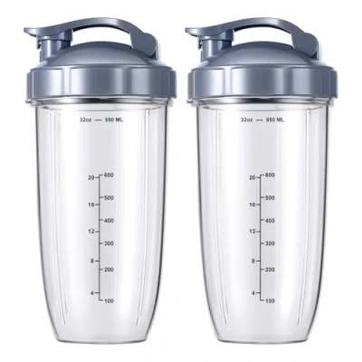 Image of 2 Pack Replacement Parts Upgrade 32OZ Cups with Flip Top to go Lid and Rubber Gaskets Set Compatible NutriBullet 600w/900W Blender Accessories