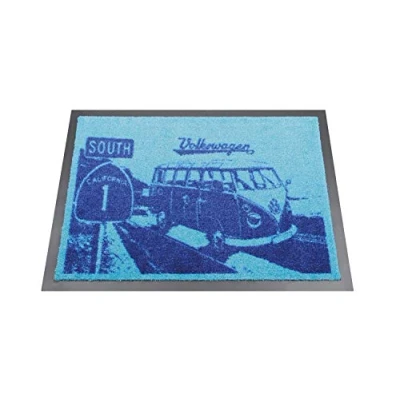 Image of BRISA VW Collection Volkswagen Foot Mat Doormat Rug Shoe Dirt Trapper with T1 Bus Campervan Motif (Highway/Blue)