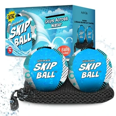 Image of Activ Life Skip Ball, 2 Pack (Blue Spots), Water Skipping Balls for Swimming Pools, Pool Ball and Toy Kids, Easter Basket Stuffer Gift Kids