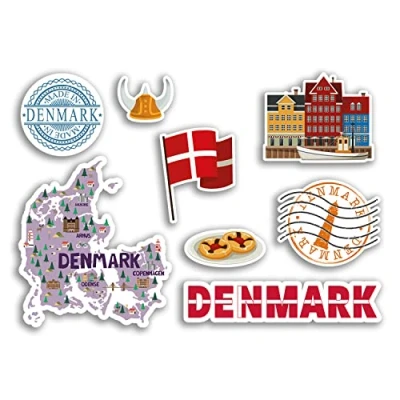 Image of A5 Sticker Sheet Denmark Vinyl Stickers Danish Landmark Holiday City Country Airport Map Flag Food #77531