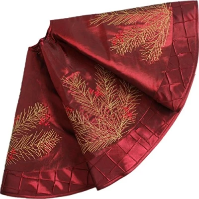 Image of SORRENTO Deluxe Embroidered Pine Branches Cherry with Pintuck Border,Extra Large,Christmas Tree Skirt 50