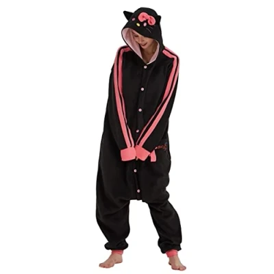 Image of Gbrand Adult Pajamas Onesie Animal Costume Unisex Halloween Christmas Cosplay Women Hello Kitty Black S