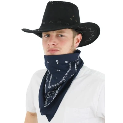Image of COWBOY FANCY DRESS ACCESSORY SET COSTUME BLACK FAUX SUEDE HAT &amp; COLOURED PAISLEY BANDANA WILD WEST WESTERN BANDANNA (NAVY)