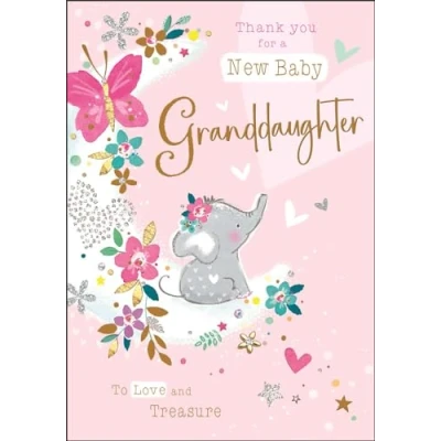 Image of New Baby Granddaughter Thank You Card Elephant and Flowers Special Finishes Illustrated Insert Leaf Made in the UK