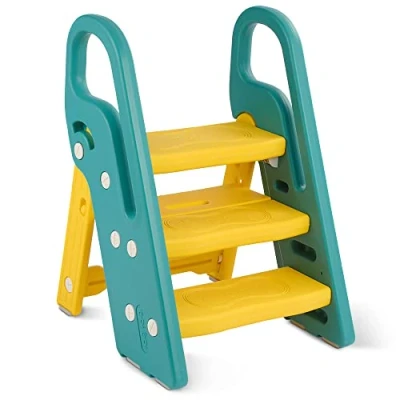 Image of Onasti Foldable Step Stool for Kids, 2 Steps 3 Height Adjustable Toddler Stool, Toilet Potty Training, Learning Tower with Handle Bathroom, Bedroom, Kitchen (Yellow green)