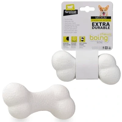 Image of Ferplast CHEWA BOING BONE Dog Toy Super Bouncing &amp; Floating Innovative Chewing Resistant Material 3D Texture for Dental Hygiene Ultra Durable Italian Design Size M, White
