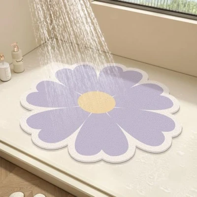 Image of Round Shower Mat Flower Bath for Inside Shower,PVC Loofah Bathroom Floor Mat,Non Slip Bathmat Anti Mould with Drain,Quick Drying (Red,60x60cm)