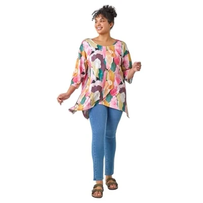 Image of Roman Curve Stripe Hanky Hem Stretch Top for Women UK Ladies Spring Everyday Summer Break Round Neckline Comfy 3/4 Sleeve Soft Jersey Shirt Relaxed Fit T Shirts Pink Multicolour Size 18