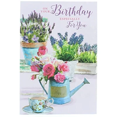 Image of Open Female Birthday Card Watering Can Pink Flowers Glitter 7.7x5.25