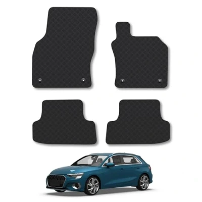 Image of Rubber Car Mats Compatible with Audi A3 (2012 2020) [4 Clips] Tailored Fit Floor Set Accessory Black Custom 4 Pieces Clips Anti Slip Backing, Heavy Duty &amp; Waterproof