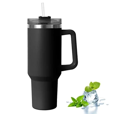 Image of Uezeth Tumbler with Straw Lid and Handle, Stainless Steel Coffee Travel Insulated Cup Mug, 40oz/30oz Water Bottle Thermos for Hot Cold (Black)