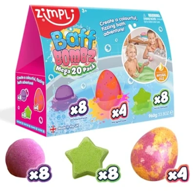 Image of 20 x Bath Bombs Mega Value Pack from Zimpli Kids, Create a Colourful, Fizzing Time Adventure, Fizzers Gift Set for Children, Birthday Presents Boys &amp; Girls, Organic, Moisturising, Vegan