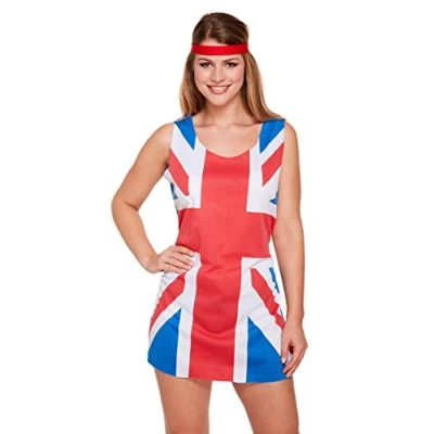 Image of HENBRANDT Adult Women’s Union Jack Dress Fancy 90s Pop Star Retro Mini Rule Britannia Jubilee Celebration Ladies Costume