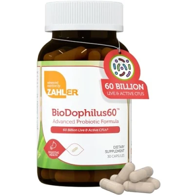 Image of Zahler Biodophilus, All Natural Advanced Probiotic and Prebiotic Supplement, Promotes Digestive Health, 60 Billion Live Cultures Intestinal Flora Per Serving, Optimal Most Potent Acidophilus Certified Kosher, 30 Capsules