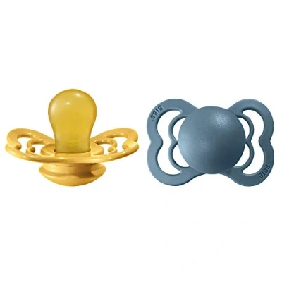 Image of BIBS Supreme Soother 2 Pack, BPA Free Dummy Pacifier, Symmetrical Nipple. Natural Rubber Latex, Size 1 (0 6 Months), Mustard/Petrol