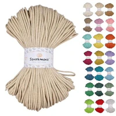 Image of Braided Cotton Cord 3 mm 100 m, 46 Colours, Crochet Cord, Macrame Yarn, Premium Rope, Sznurkomania (Light Beige)