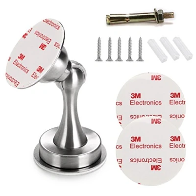 Image of IGNPION Stainless Steel Magnetic Door Stopper Holder with Catch 3M Self Adhesive/Conceal Screws Mounted, Floor or Wall Mounted Strong Magnet Design (Silver)