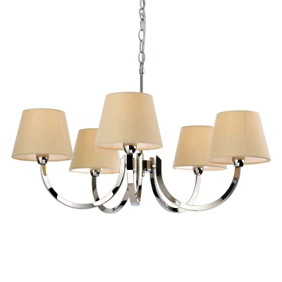 Image of Fairmont 5 Light Multi Arm Chandelier Polished Stainless Steel, Cream Linen Shade, E14