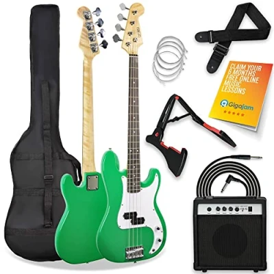 Image of 3rd Avenue Full Size 4/4 Electric Bass Guitar Beginner Pack Kit with 15W Amplifier, Bag, Cable, Strap, Stand and Spare Strings Green