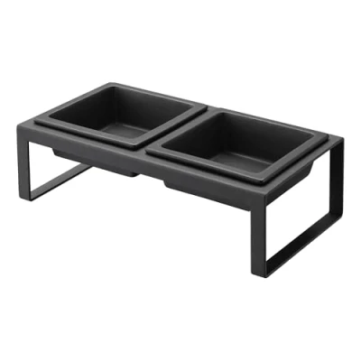 Image of Yamazaki 4745 TOWER Pet Food Bowl Stand Set, black, Steel/Ceramic, Minimalist, 29 x 15.5 10 cm