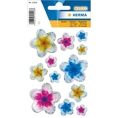 Image of HERMA 15516 3D Stickers for Children, Summer Flowers (12 Stickers, Foil, Glossy) Self Adhesive, Permanent Adhesive Motif Labels Girls and Boys, Colourful